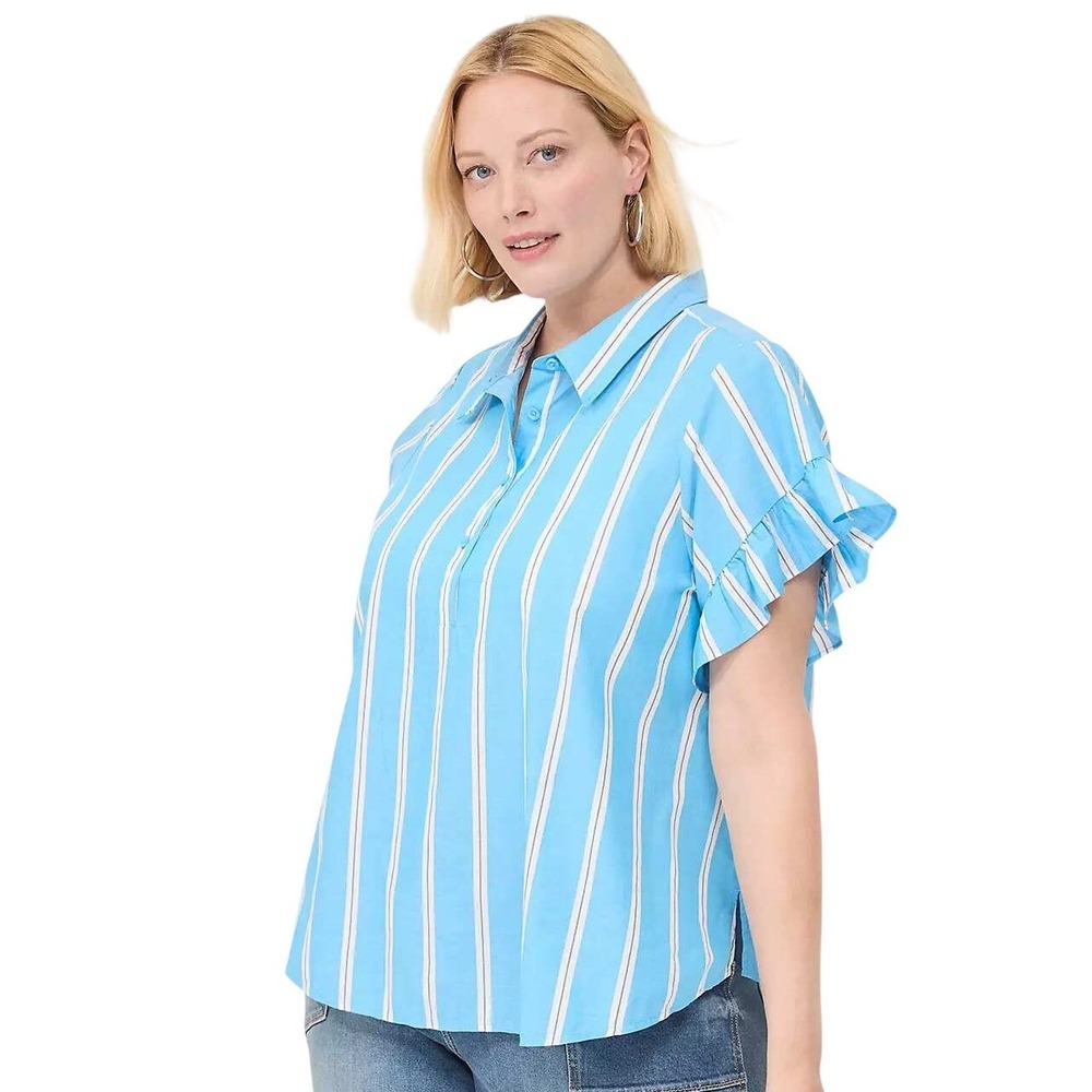 Lane Bryant Ruffle Sleeve Button Down Top Blue Stripe NWT Women's Plus Size 22 - Picture 2 of 11
